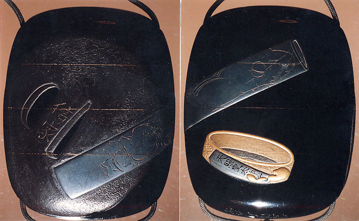 Case (Inrō) with Design of Sword Fittings, Lacquer, roiro ishime, black, gold, silver hiramakie, incised; Interior: nashiji and fundame, Japan 