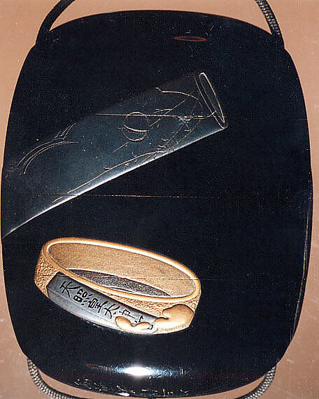 Case (Inrō) with Design of Sword Fittings, Lacquer, roiro ishime, black, gold, silver hiramakie, incised; Interior: nashiji and fundame, Japan