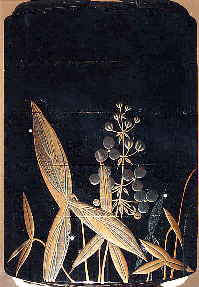 Case (Inrō) with Design of Arrowhead (Omodaka) (obverse); Clover (Mutsuba) (reverse), Shibata Zeshin (Japanese, 1807–1891), Lacquer, roiro, gold black, brown hiramakie, aogai; Interior: nashiji and fundame, Japan