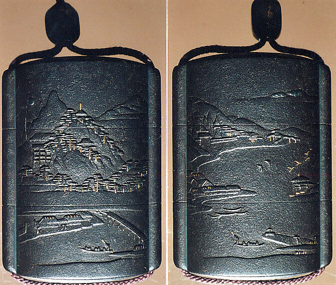 Case (Inrō) with Design of Mountain Landscape and Geese Flying, Metal, Iron metal, relief, applied gold metal; Interior: silver metal, Japan 