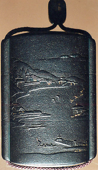 Case (Inrō) with Design of Mountain Landscape and Geese Flying, Metal, Iron metal, relief, applied gold metal; Interior: silver metal, Japan