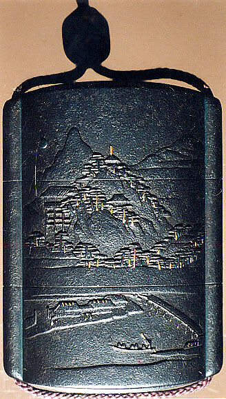 Case (Inrō) with Design of Mountain Landscape and Geese Flying, Metal, Iron metal, relief, applied gold metal; Interior: silver metal, Japan