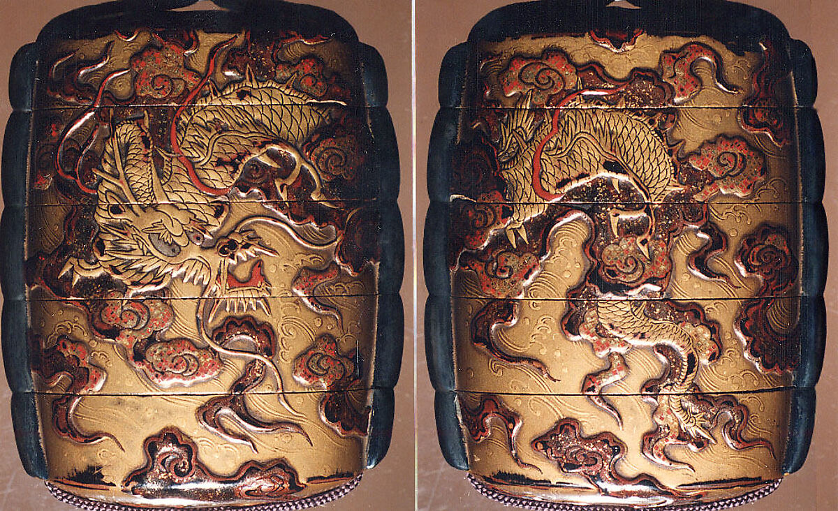 Case (Inrō) with Design of Dragon on Background of Clouds and Waves, Lacquer, roiro, fundame, gold, brown and red hiramakie, metal cord runners; Interior: nashiji and fundame, Japan 