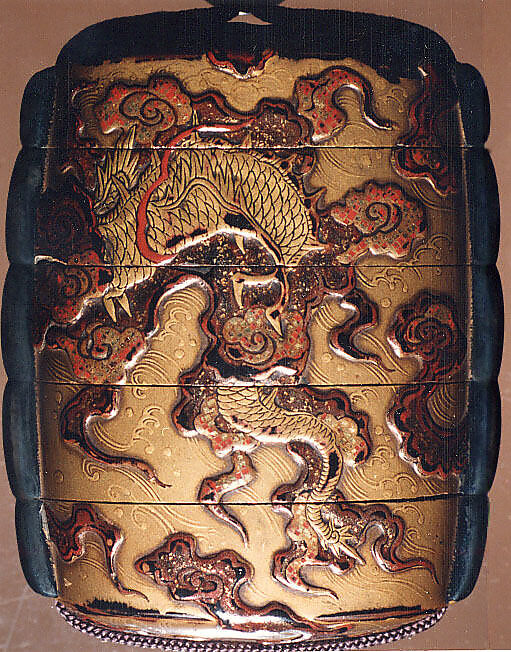 Case (Inrō) with Design of Dragon on Background of Clouds and Waves, Lacquer, roiro, fundame, gold, brown and red hiramakie, metal cord runners; Interior: nashiji and fundame, Japan