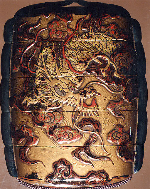 Case (Inrō) with Design of Dragon on Background of Clouds and Waves, Lacquer, roiro, fundame, gold, brown and red hiramakie, metal cord runners; Interior: nashiji and fundame, Japan