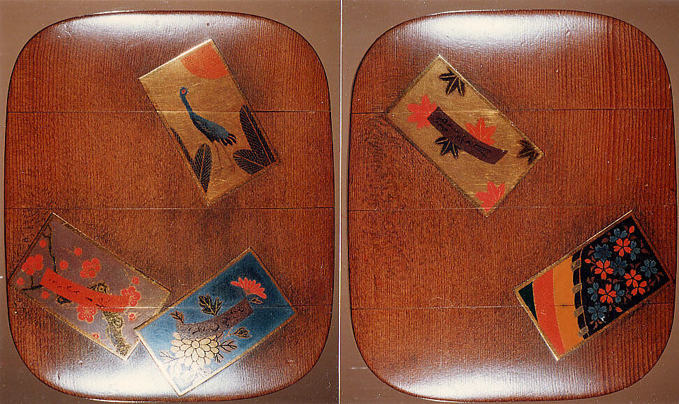 Case (Inrō) with Design of Poem Cards with Crane and Pine, Plum, Cherry, Chrysanthemum, Wood, polished wood, gold and colored hiramakie, togidashi; Interior: plain, Japan