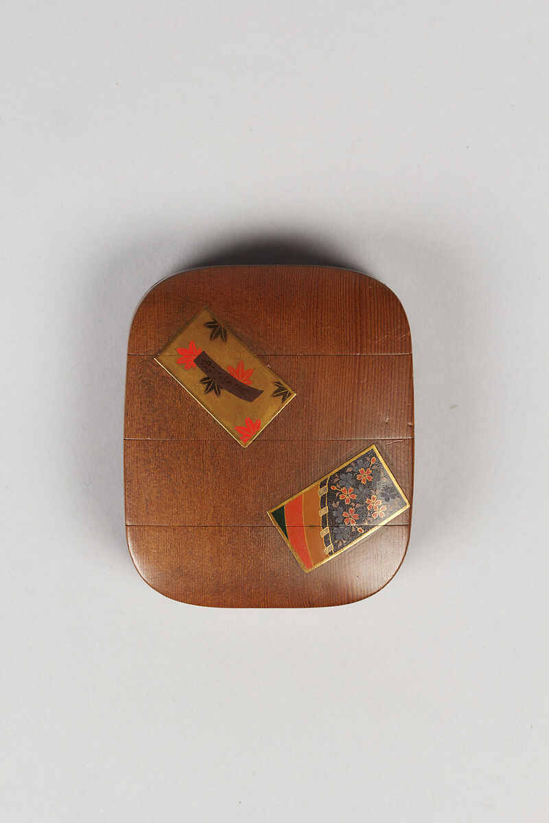 Case (Inrō) with Design of Poem Cards with Crane and Pine, Plum, Cherry, Chrysanthemum, Wood, polished wood, gold and colored hiramakie, togidashi; Interior: plain, Japan