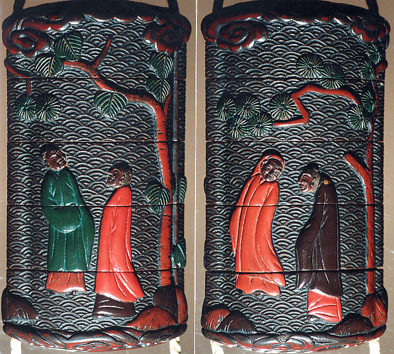 Case (Inrō) with Design of Chinese Persons Beneath Pine Trees and Clouds, Lacquer, dark brown ground, red, brown, green applied lacquer; Interior: dark brown lacquer, Japan 