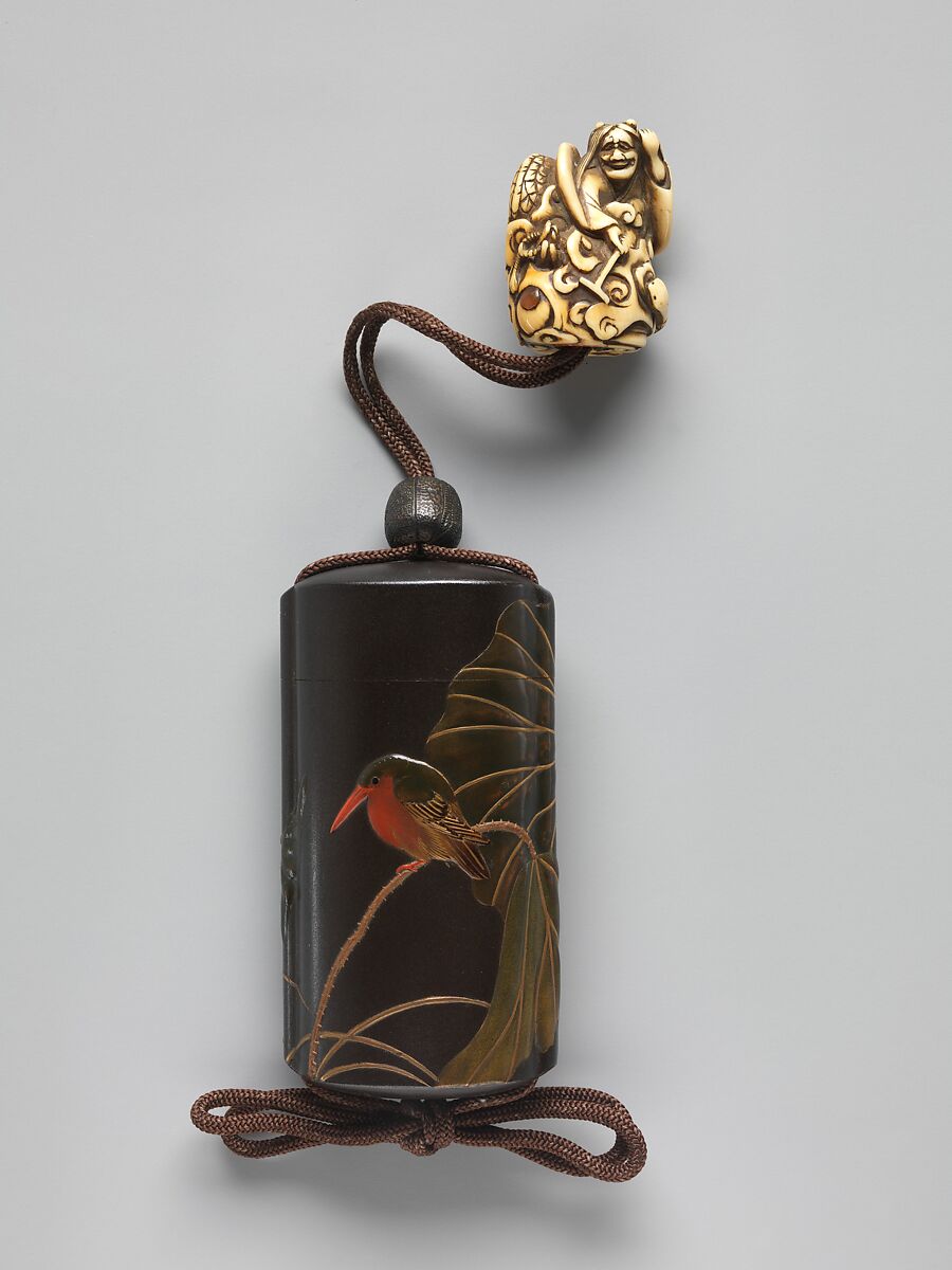 Case (Inrō) with Design of Lotus (obverse); Lotus and Bird (reverse), Shibata Zeshin (Japanese, 1807–1891), Black lacquer with wood, shell, and glass inlays; Fastener (ojime): metal; Toggle (netsuke): carved ivory in the shape of a demon, Japan