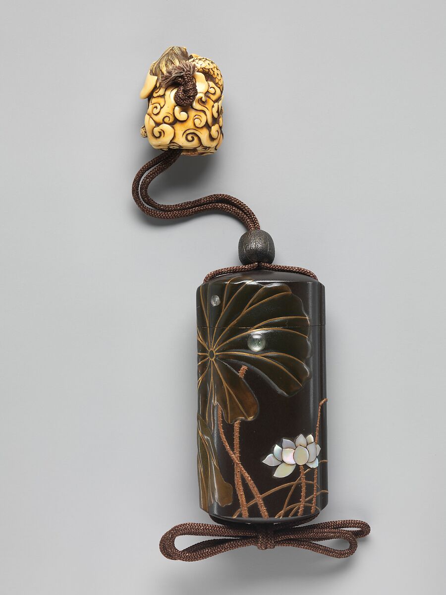 Case (Inrō) with Design of Lotus (obverse); Lotus and Bird (reverse), Shibata Zeshin (Japanese, 1807–1891), Black lacquer with wood, shell, and glass inlays; Fastener (ojime): metal; Toggle (netsuke): carved ivory in the shape of a demon, Japan 