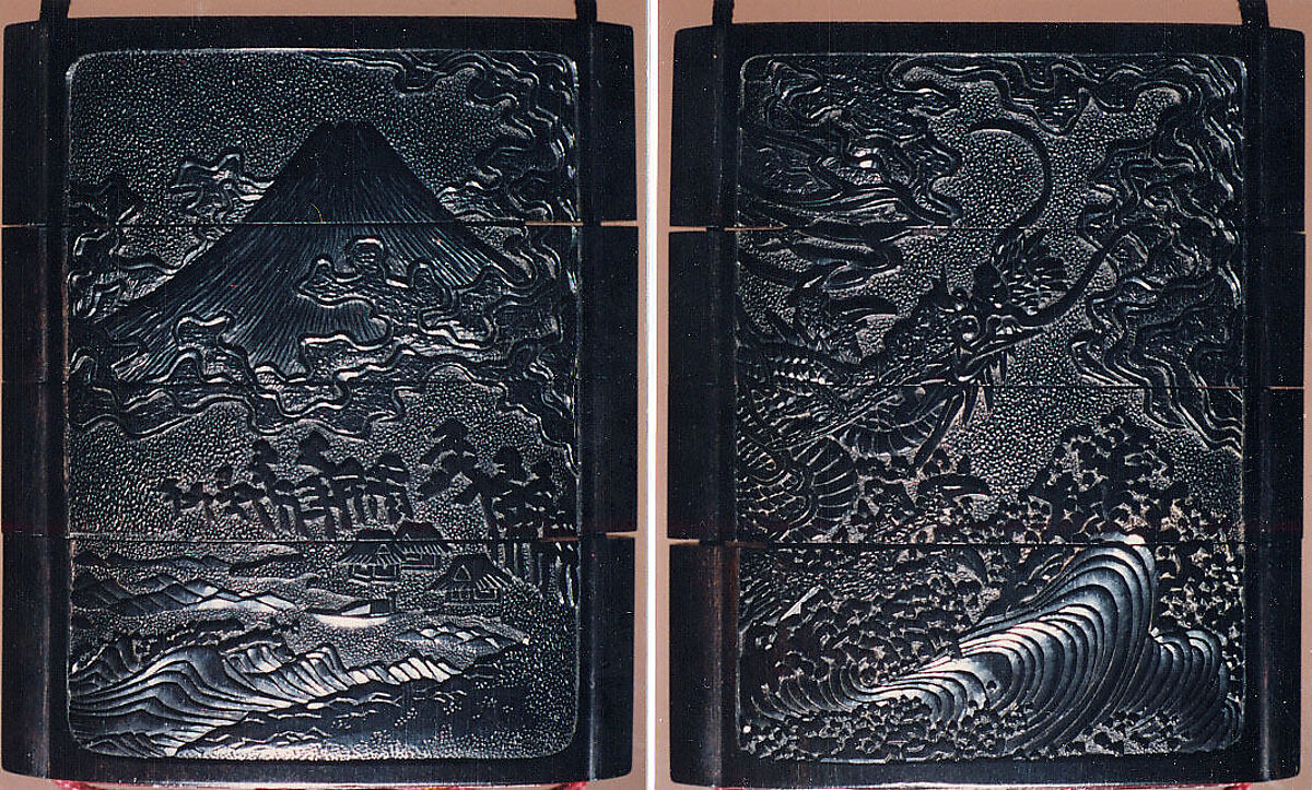 Case (Inrō) with Design of Mount Fuji (obverse); Dragon in Clouds and Waves (reverse), Gantai (1782–1865), Lacquer, tsuikoku, carved relief, incised; Interior: roiro, bottom case 2 cylindrical openings, Japan
