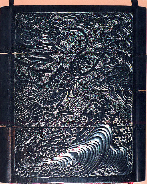 Case (Inrō) with Design of Mount Fuji (obverse); Dragon in Clouds and Waves (reverse), Gantai (1782–1865), Lacquer, tsuikoku, carved relief, incised; Interior: roiro, bottom case 2 cylindrical openings, Japan