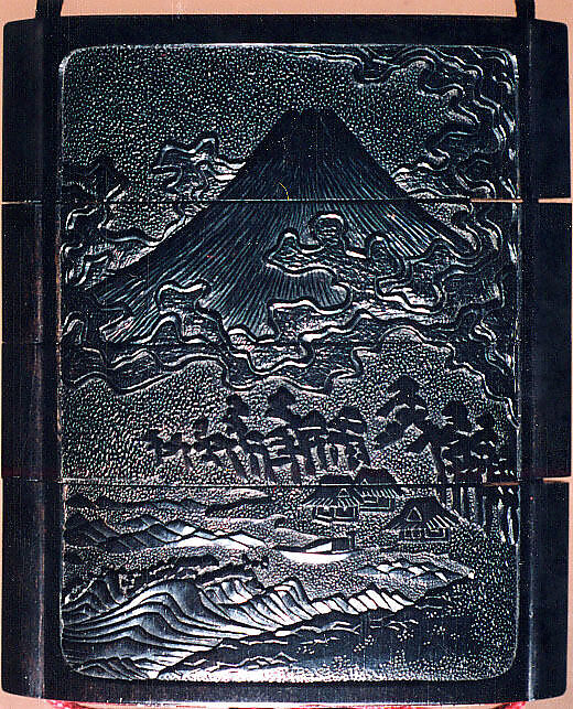 Case (Inrō) with Design of Mount Fuji (obverse); Dragon in Clouds and Waves (reverse), Gantai (1782–1865), Lacquer, tsuikoku, carved relief, incised; Interior: roiro, bottom case 2 cylindrical openings, Japan