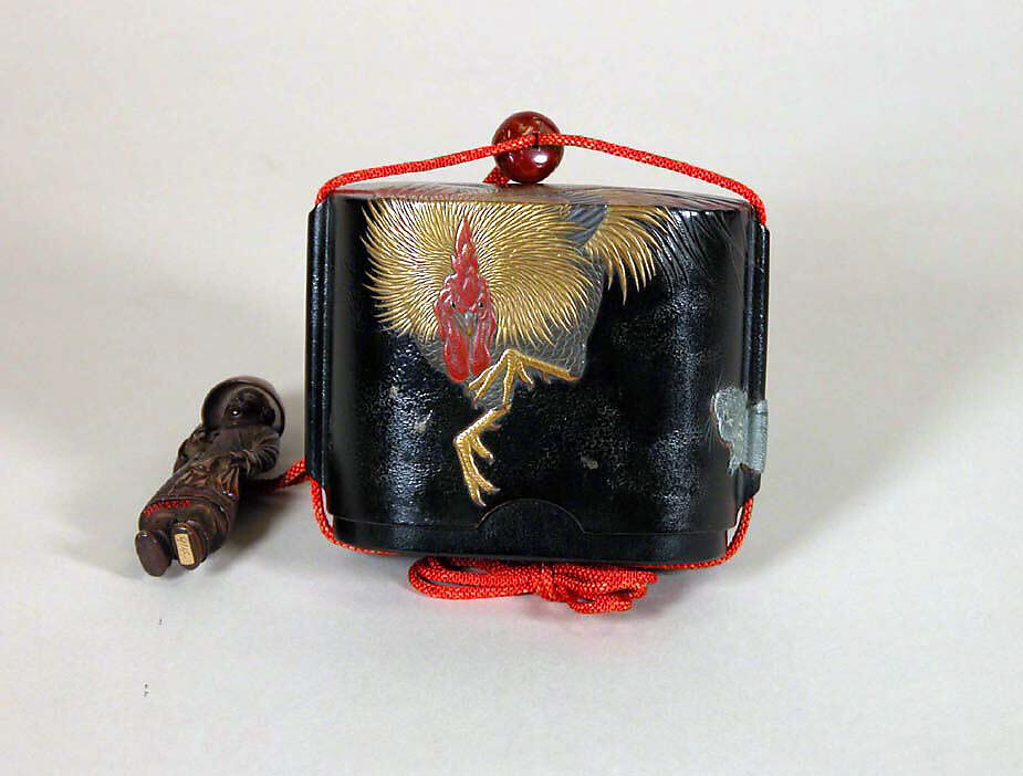 Case (Inrō) with Design of Rooster Fighting with Weasel, Attributed to Shibata Zeshin (Japanese, 1807–1891), Lacquer, Japan 
