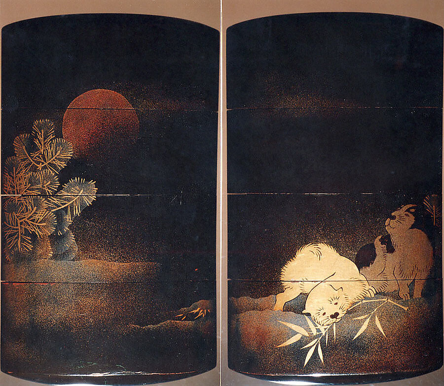 Case (Inrō) with Design of Two Puppies Playing with a Bamboo Branch (obverse); Snow, Pine and Red Sun (reverse), Lacquer, roiro, nashiji, gold, silver and red togidashi; interior: fundame, Japan 