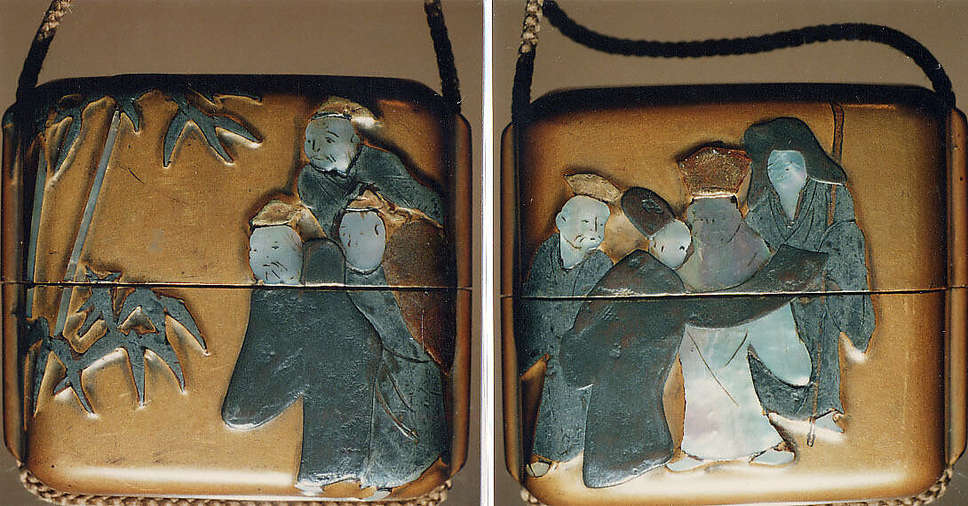 Case (Inrō) with Design of Seven Sages of the Bamboo Grove, Lacquer, fundame, raden, pewter inlay; Interior: fundame, tray, Japan