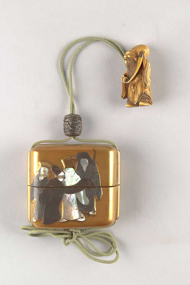 Case (Inrō) with Design of Seven Sages of the Bamboo Grove, Lacquer, fundame, raden, pewter inlay; Interior: fundame, tray, Japan