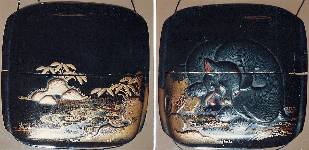 Case (Inrō) with Design of Animal Being Attacked by Crabs (obverse); Pond with Rocks and Plants (reverse), Lacquer, roiro, gold, red and silver hiramakie, takamakie, kirigane; Interior: nashiji and fundame, removable tray, Japan 