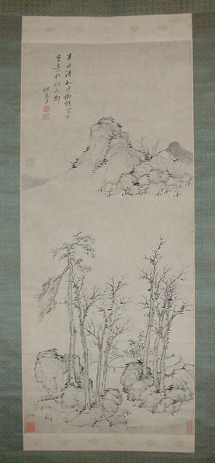 Pavilion amongst Wintry Trees after Ni Zan, Qi Zhijia (Chinese, active ca. 1627–after 1682), Hanging scroll; ink on paper, China 