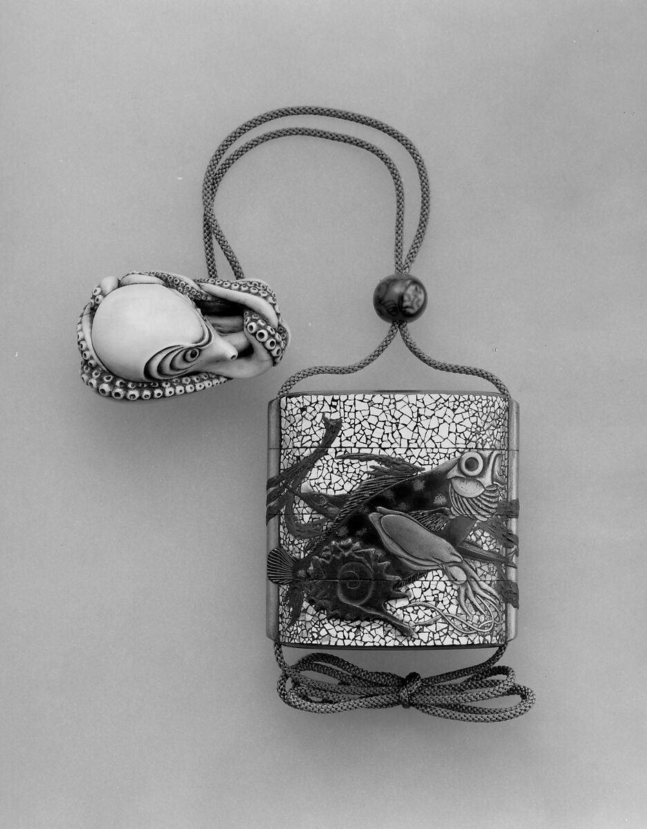 Case (Inrō) with Design of Various Fishes, Squid and Shells, Eggshell ground, red and aogai ground, gold and coloured hiramakie; Interior: nashiji and fundame, Japan