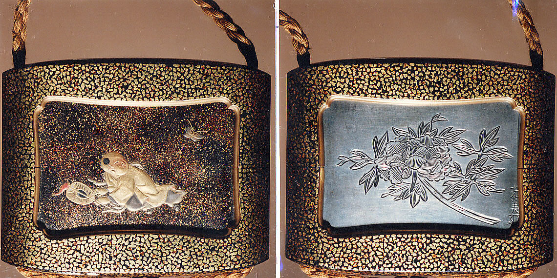 Case (Inrō) with Design of Chinese Child (obverse); Silver Pill Box with Peony (reverse), Lacquer and metal, frame: roiro, gyobu, gold and coloured takamakie, silver metal box; Interior: silver metal box, Japan 