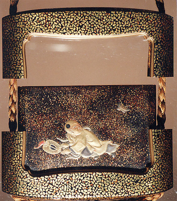 Case (Inrō) with Design of Chinese Child (obverse); Silver Pill Box with Peony (reverse), Lacquer and metal, frame: roiro, gyobu, gold and coloured takamakie, silver metal box; Interior: silver metal box, Japan