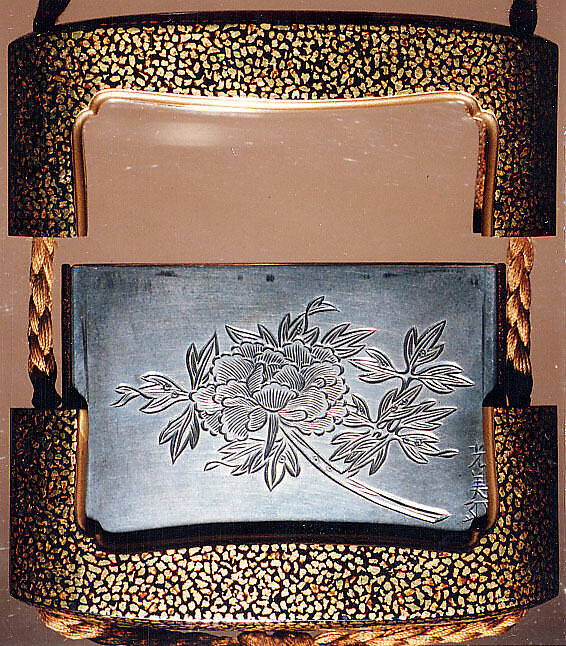 Case (Inrō) with Design of Chinese Child (obverse); Silver Pill Box with Peony (reverse), Lacquer and metal, frame: roiro, gyobu, gold and coloured takamakie, silver metal box; Interior: silver metal box, Japan