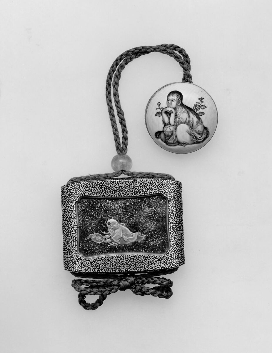 Case (Inrō) with Design of Chinese Child (obverse); Silver Pill Box with Peony (reverse), Lacquer and metal, frame: roiro, gyobu, gold and coloured takamakie, silver metal box; Interior: silver metal box, Japan