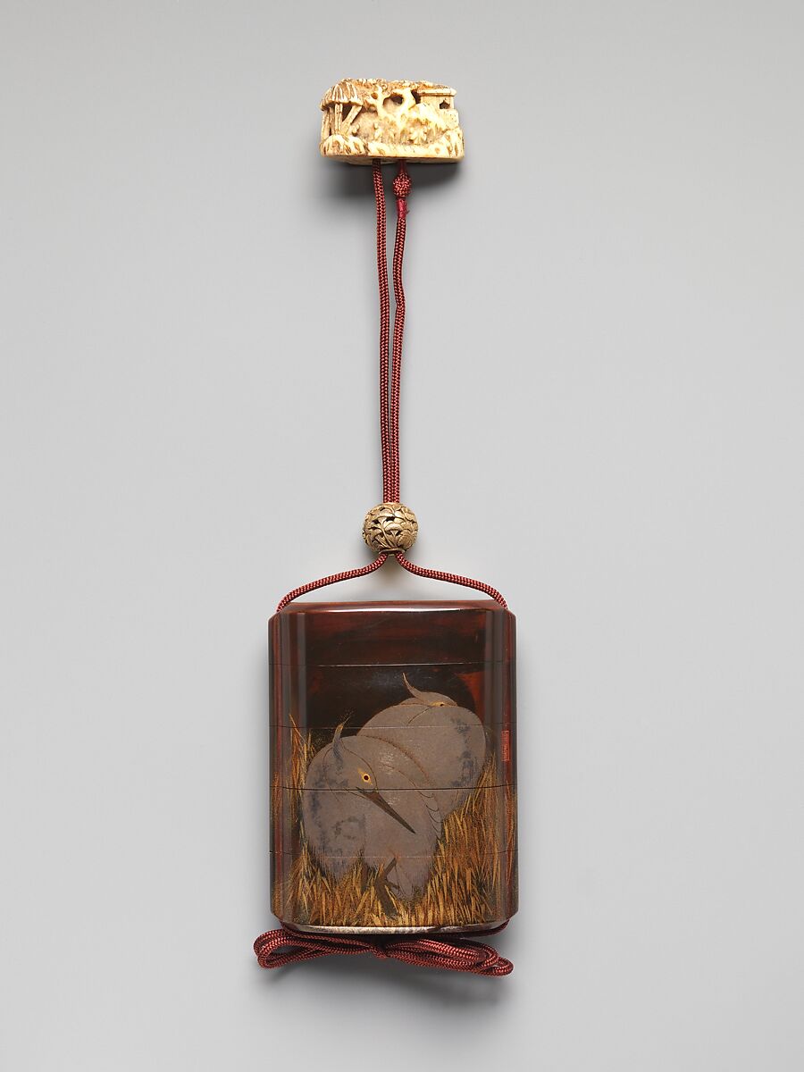 Inrō with Herons among Reeds (obverse); Crow (reverse), Silver, gold togidashimaki-e, black lacquer, hiramaki-e on gold ground;Netsuke: Chinese scholars and house; ivory;Ojime: flowers; metal, Japan
