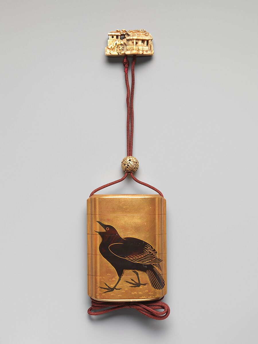 Inrō with Herons among Reeds (obverse); Crow (reverse), Silver, gold togidashimaki-e, black lacquer, hiramaki-e on gold ground;Netsuke: Chinese scholars and house; ivory;Ojime: flowers; metal, Japan 