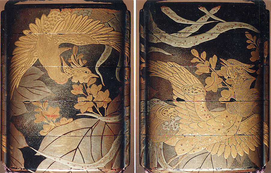 Case (Inrō) with Design of Two Hō-ō Birds in Flight among Flowering Kiri Branches, Lacquer, roiro, nashiji, gold and silver hiramakie, togidashi, kirigane; Interior: nashiji and fundame, Japan 