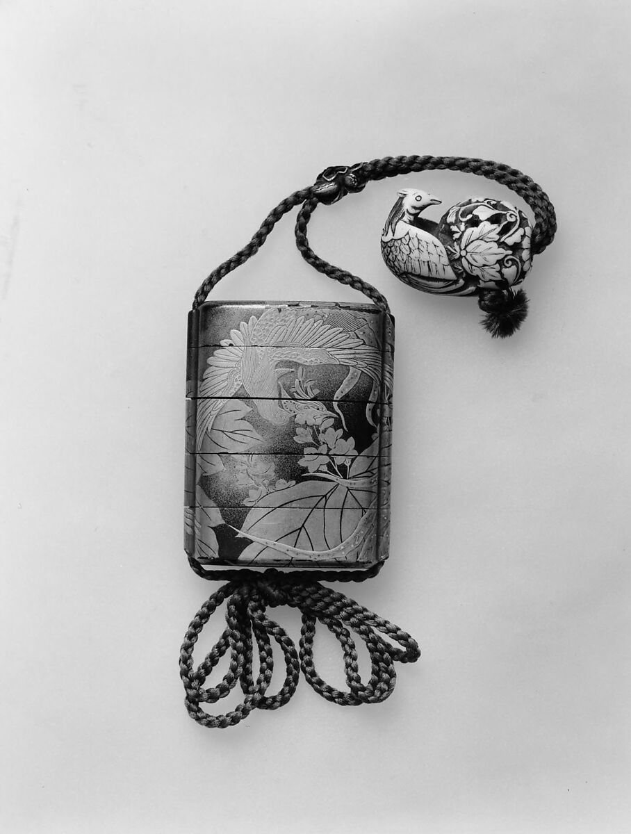 Case (Inrō) with Design of Two Hō-ō Birds in Flight among Flowering Kiri Branches, Lacquer, roiro, nashiji, gold and silver hiramakie, togidashi, kirigane; Interior: nashiji and fundame, Japan