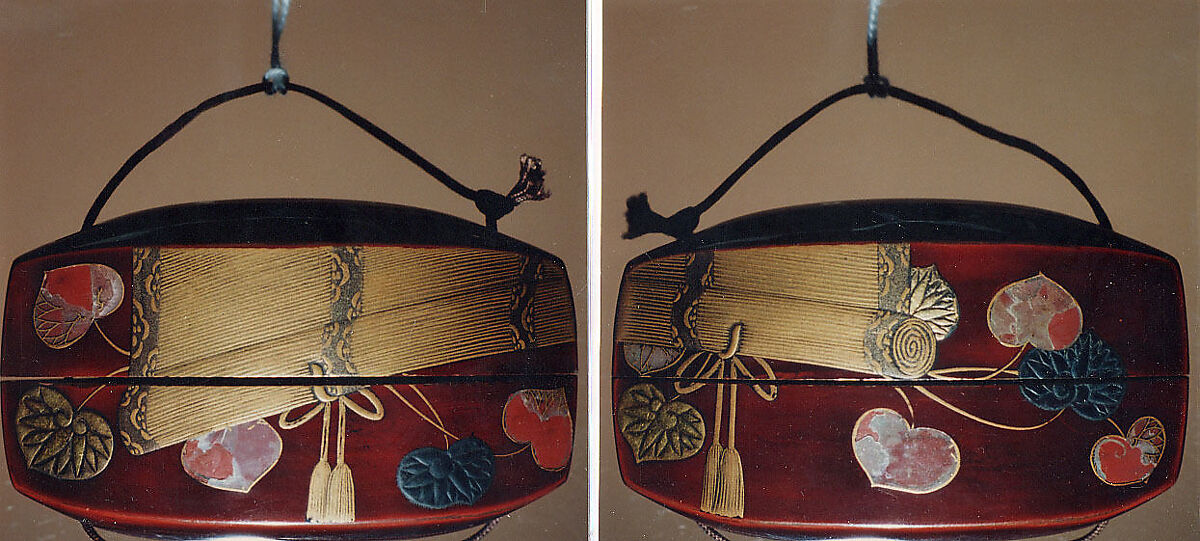 Case (Inrō) with Design of Aoi Leaves and Plant beneath Partly Rolled-up Bamboo Blind, Lacquer, dark red, gold, red and silver hiramakie, raden inlay; Interior: roiro and fundame, Japan 