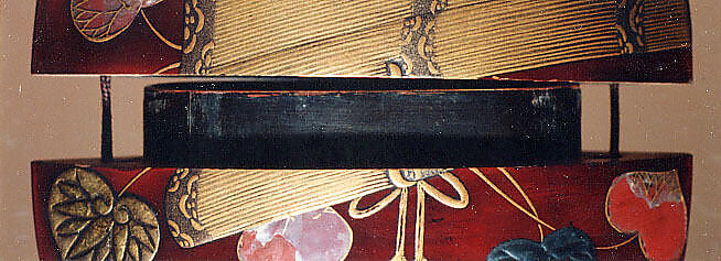 Case (Inrō) with Design of Aoi Leaves and Plant beneath Partly Rolled-up Bamboo Blind, Lacquer, dark red, gold, red and silver hiramakie, raden inlay; Interior: roiro and fundame, Japan