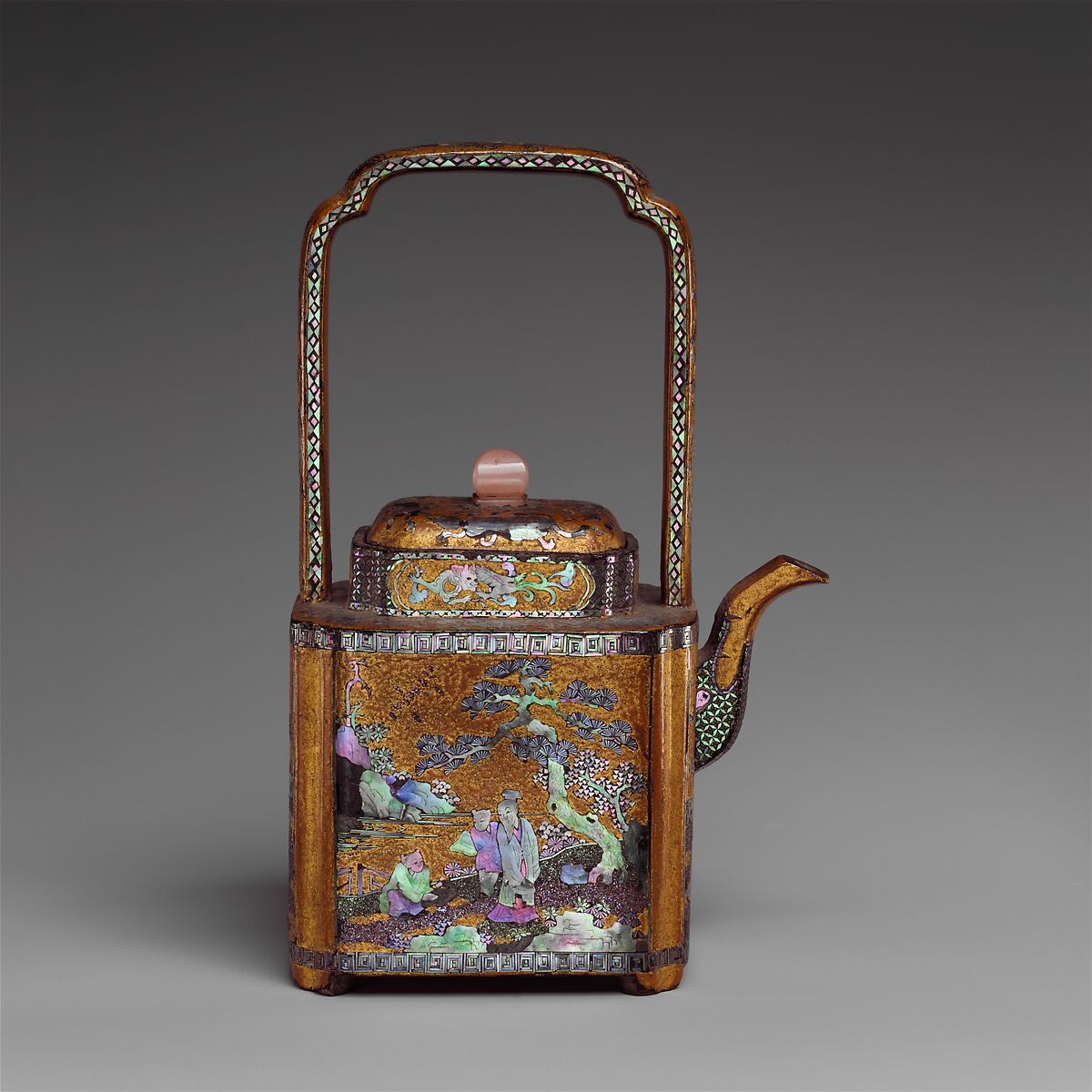 Wine pot with figures in a landscape, Gold lacquer over pewter, inlaid with mother-of-pearl, China 