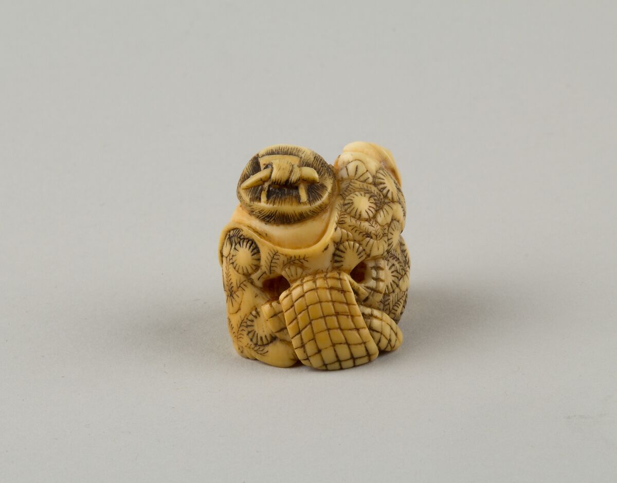 Netsuke of Okame Holding a Mask, Ivory, Japan