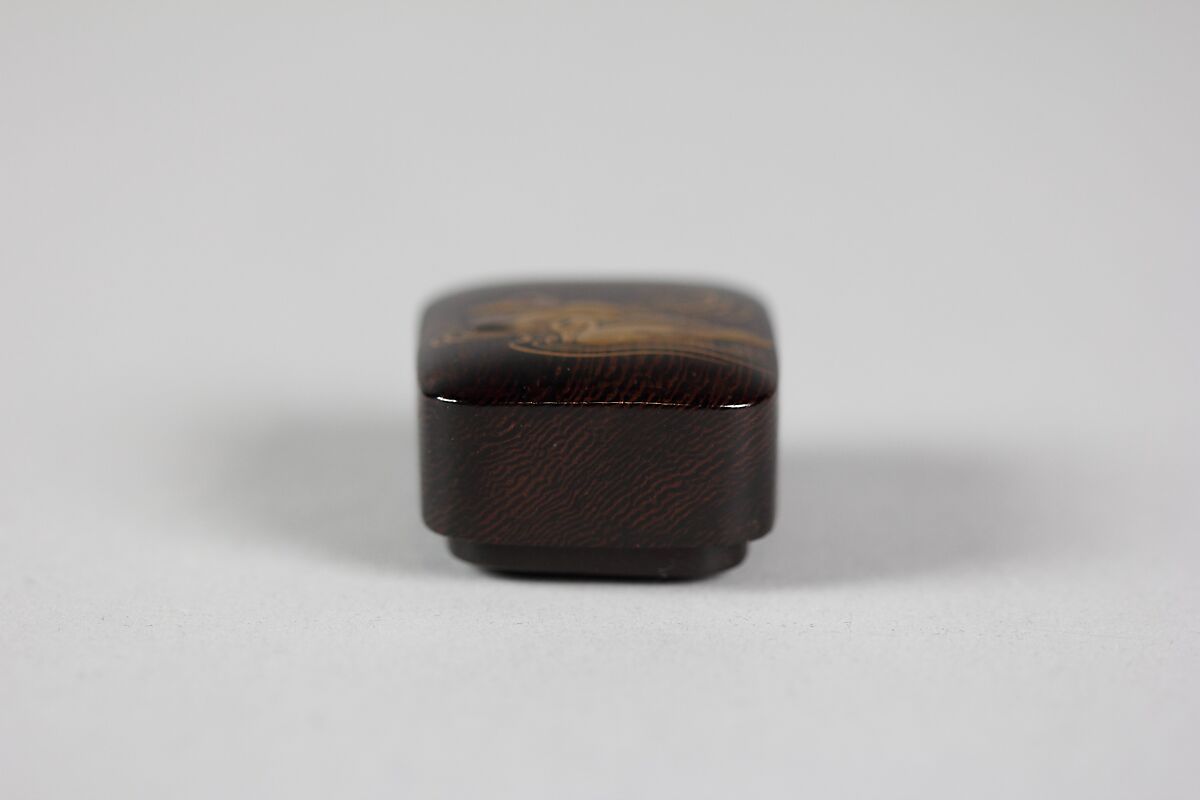 Netsuke of Two Ducks Swimming, Wood, duck in gold lacquer, Japan