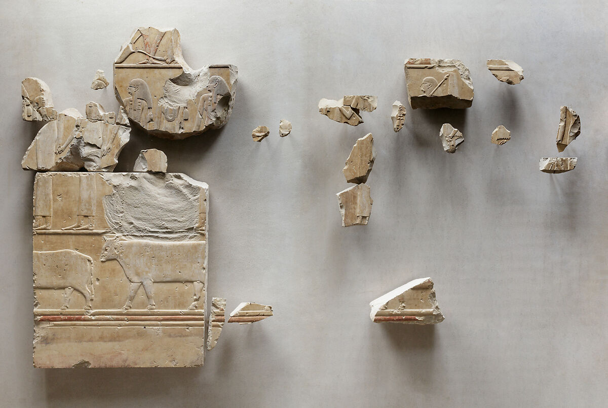 Relief fragments from the tomb of Neferu showing richly adorned attendants moving right to left, Limestone, paint 