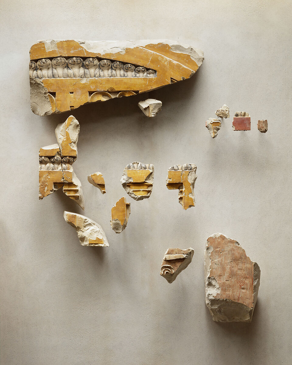 Relief fragments from an elaborate false doorway, Limestone, paint 
