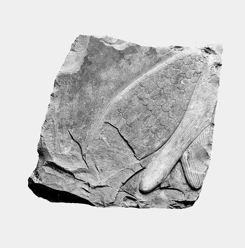 Relief fragment from a row of vulture figures, Limestone, paint