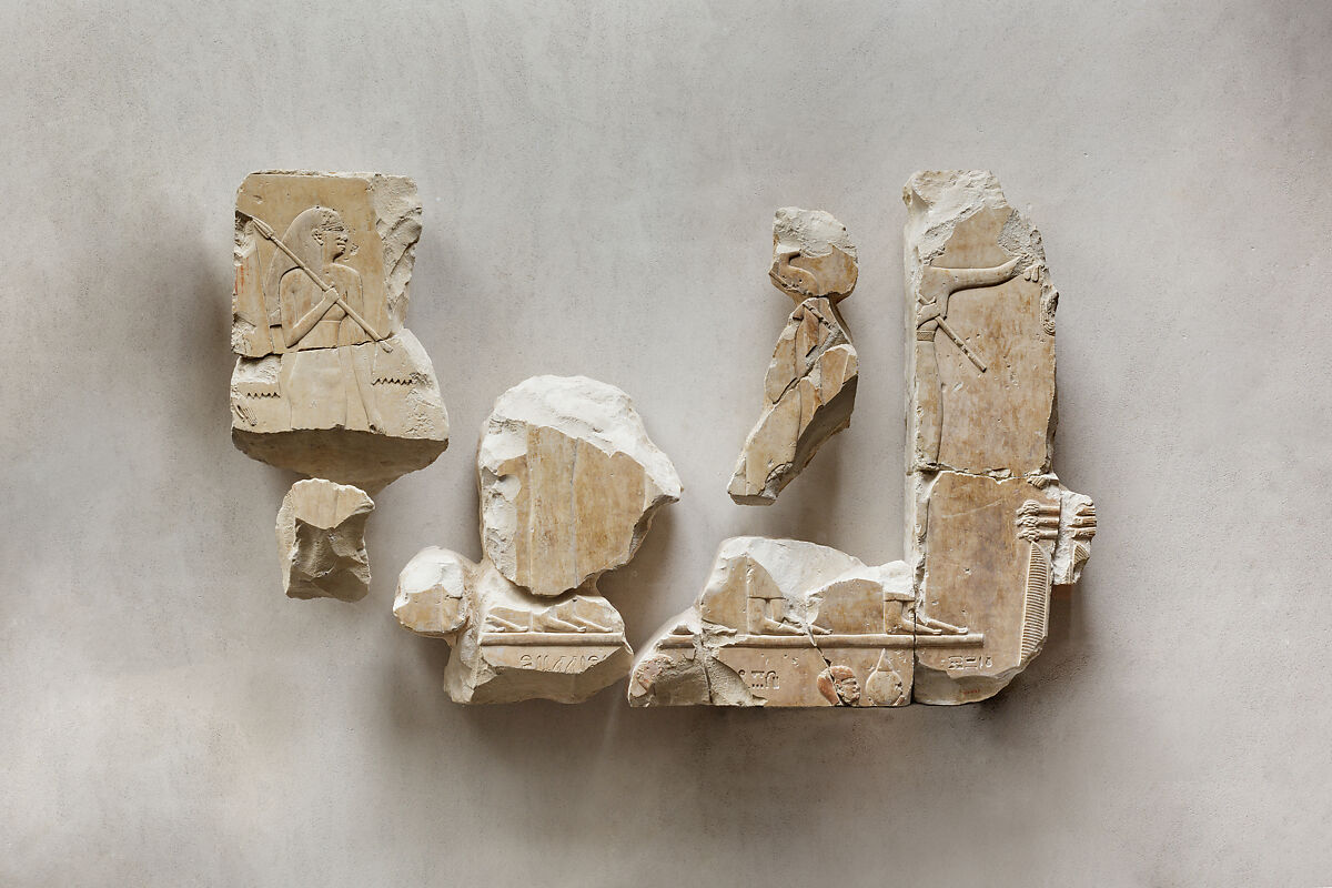 Relief fragments from the tomb of Queen Neferu: male and female attendants, Limestone, paint 