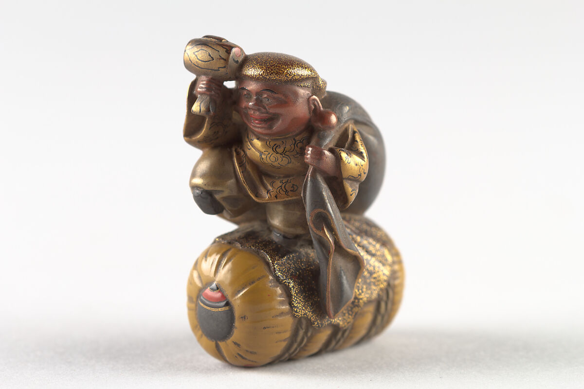 Netsuke of Daikoku and Bag on Rice Bale, Wood, Japan 