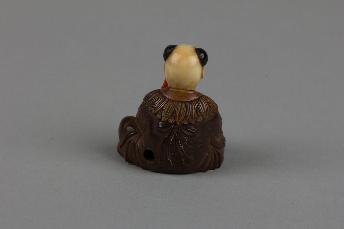 Netsuke of Seated Man with a Flower Pot, Wood and ivory, Japan