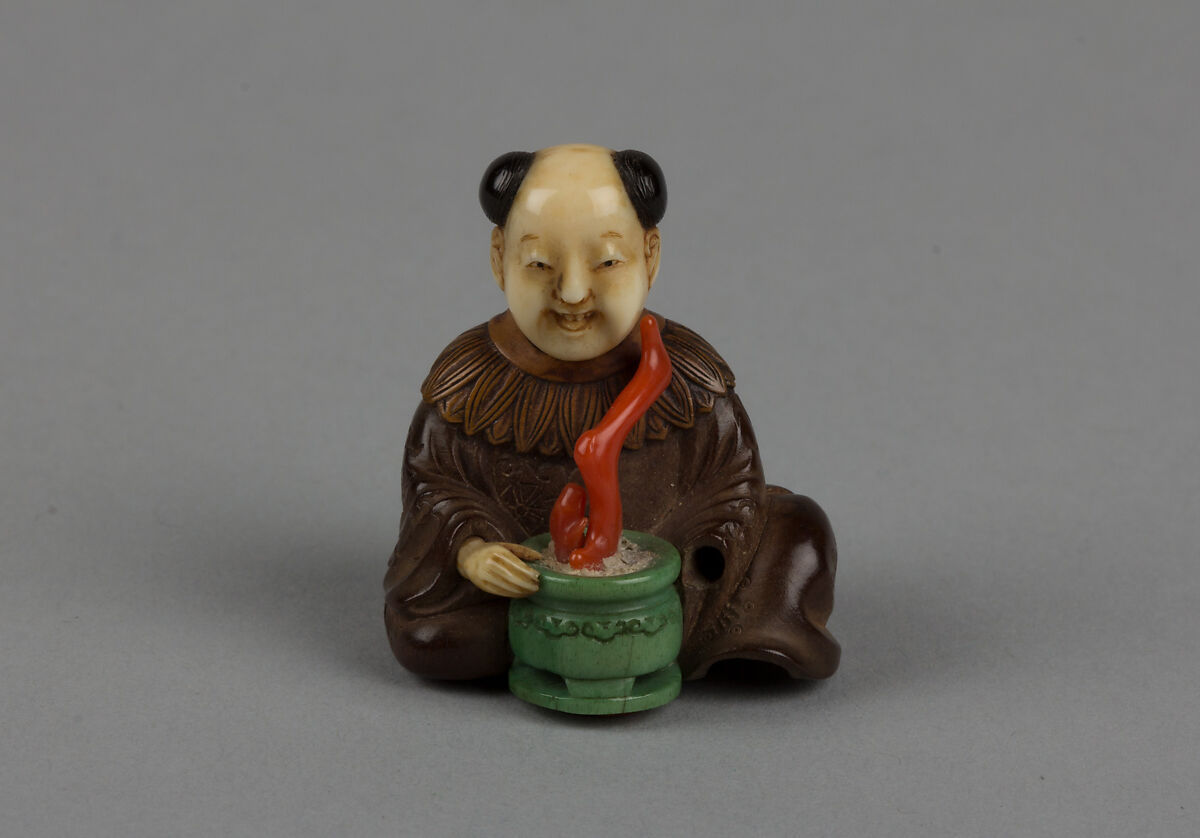 Netsuke of Seated Man with a Flower Pot, Wood and ivory, Japan 