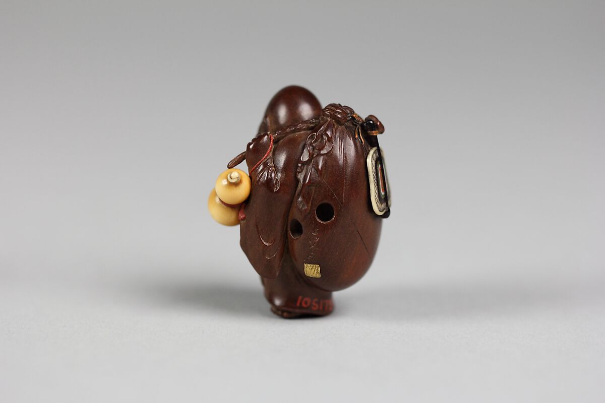 Netsuke of Hotei with Bag and Gourd, Wood, Japan