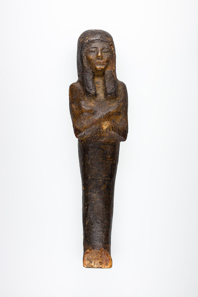 Shabti with horizontal bands of inscription, Wood, plaster, paint 