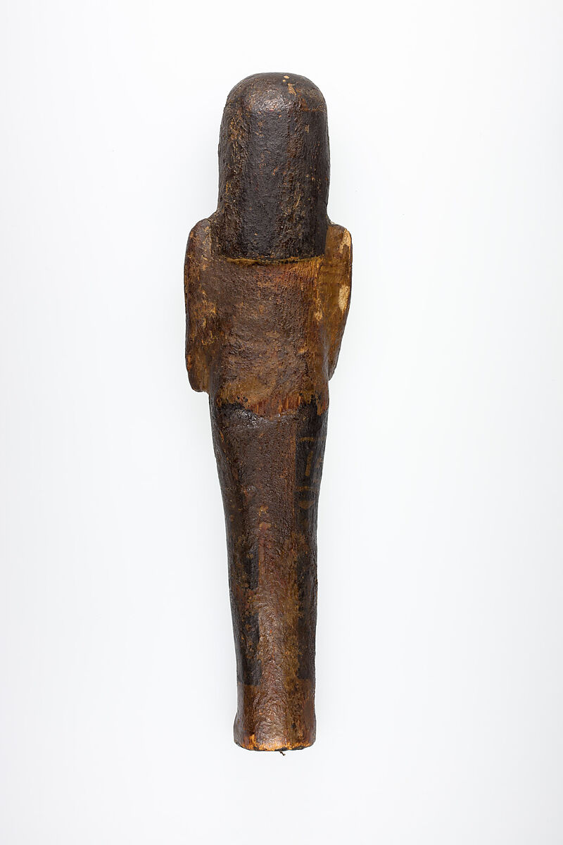 Shabti with horizontal bands of inscription, Wood, plaster, paint