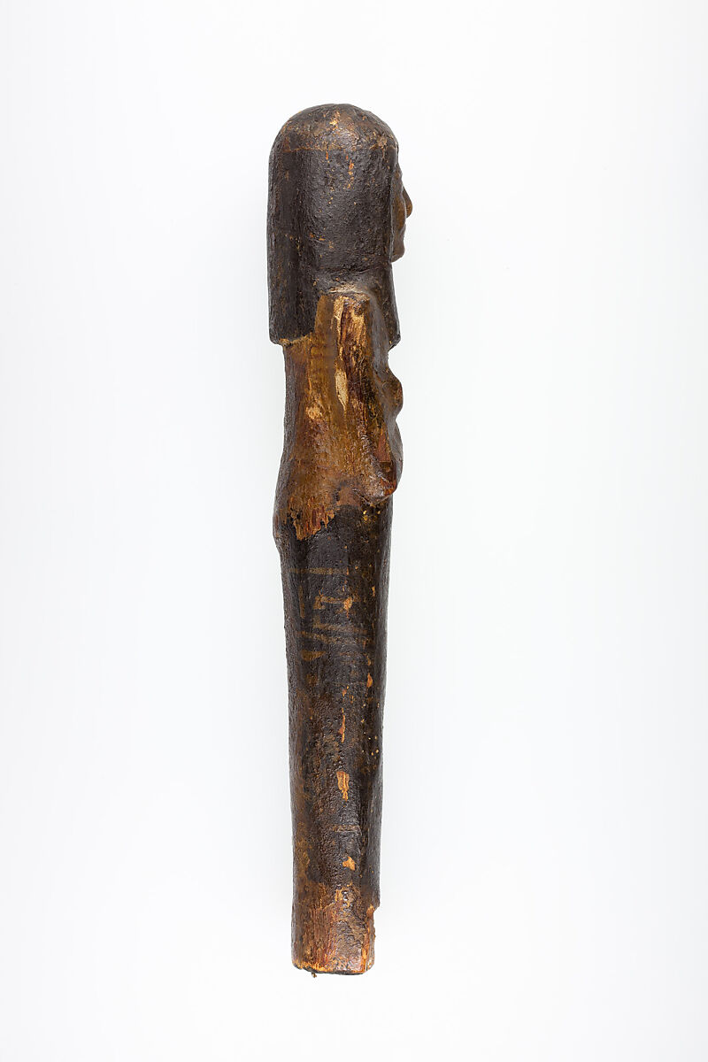 Shabti with horizontal bands of inscription, Wood, plaster, paint