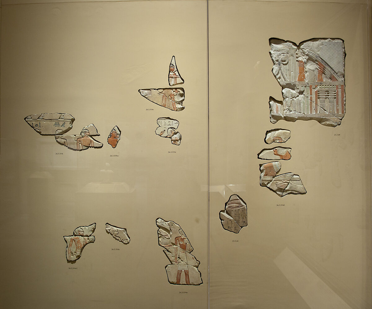 Relief scene of priests and attendants performing rites and bringing offerings to Khety, Limestone, paint