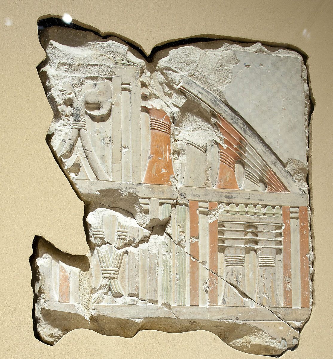 Relief scene of Khety in an armchair under an elaborate roof, Limestone, paint